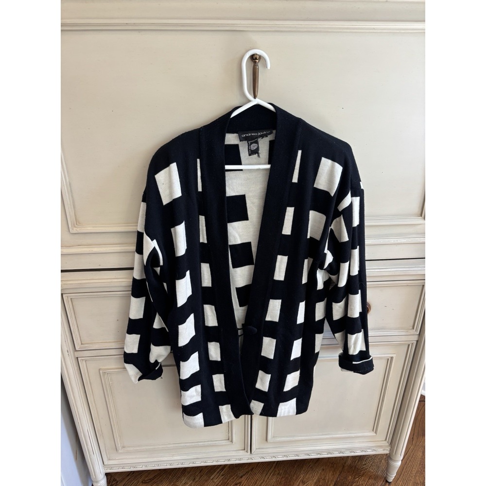 Andrea Jovine 100% Wool‎ Black White Checkered Open Front Blazer Cardigan Long S
